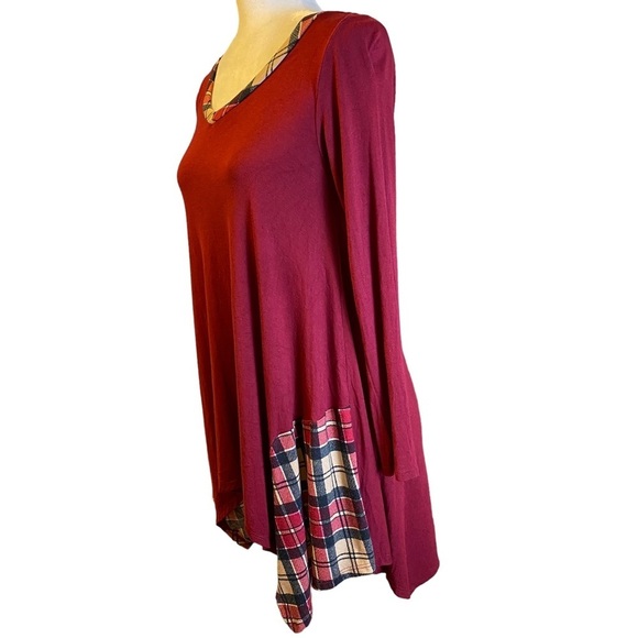 Reborn J Long Sleeve Deep Cranberry Plaid Detail V-neck Tunic Ladies Small - Picture 6 of 11